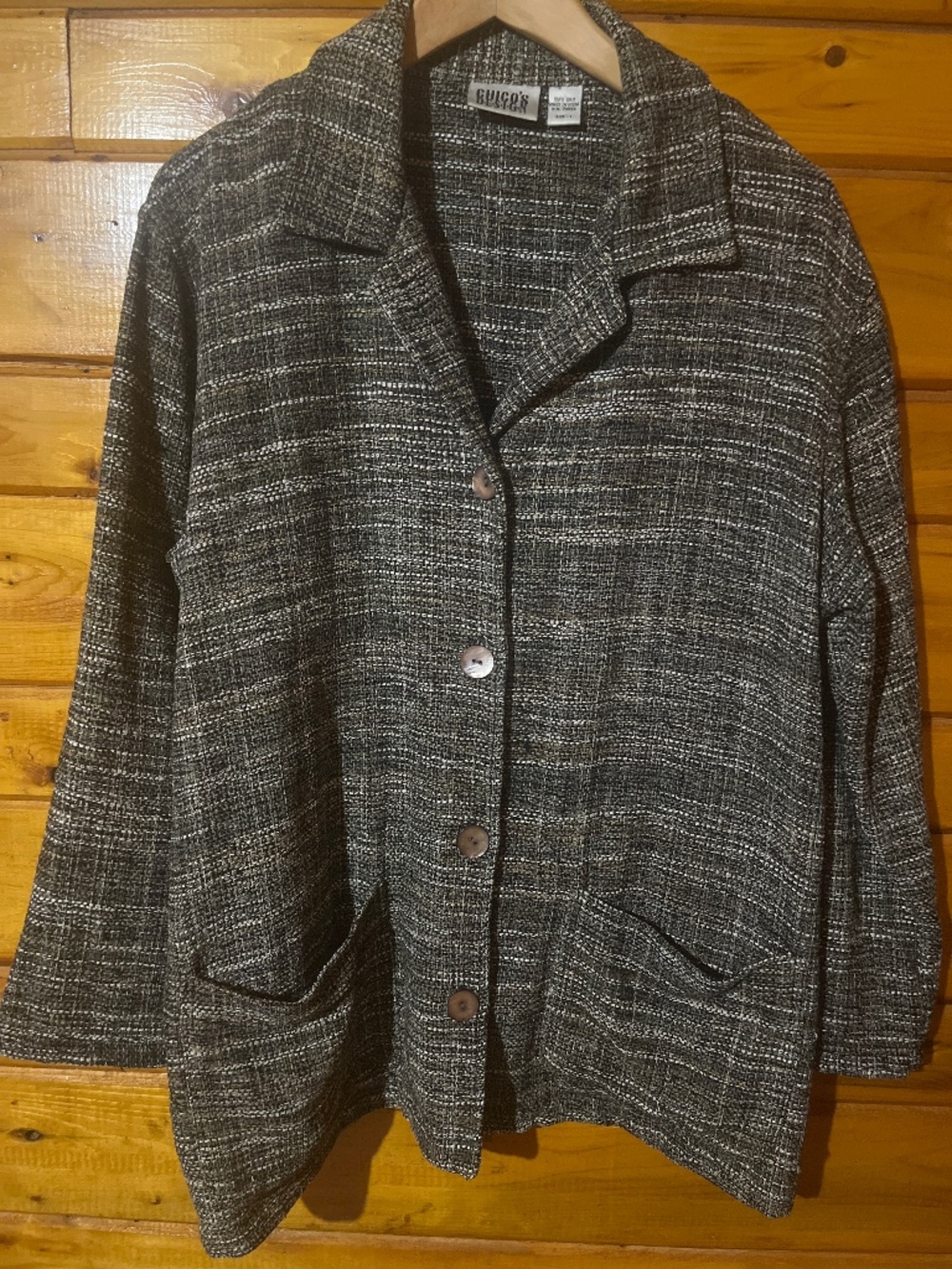 100% Raw Silk Tweed Lagenlook Button Up Blazer Shirt Blouse Top Chicos